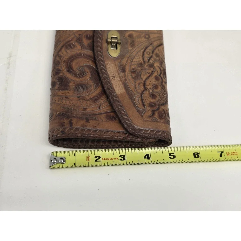 RARE‎ Vintage Brown Hand Tooled Leather Wallet Clutch , Gaiton - Made In Mexico